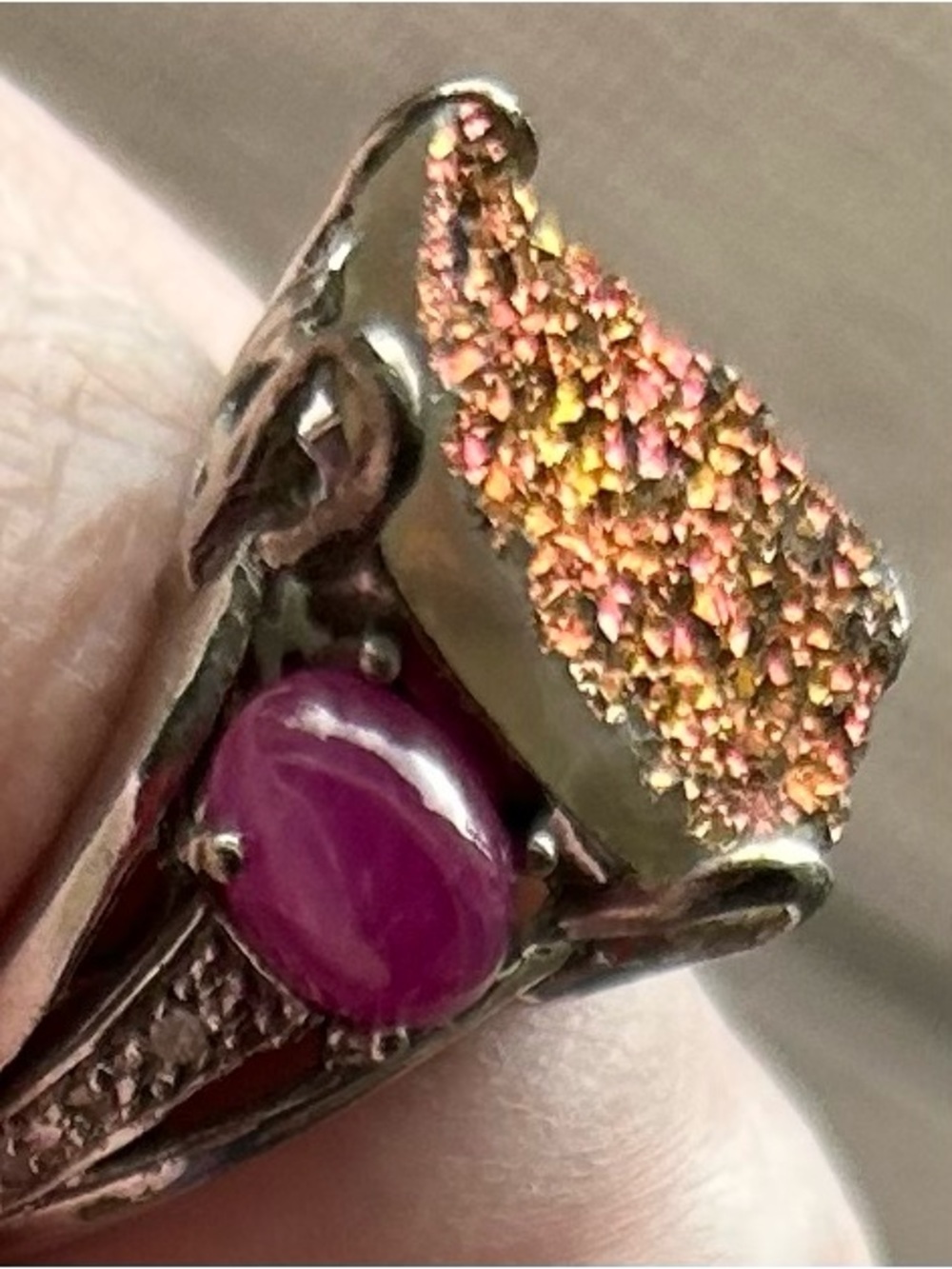 VINTAGE heavy 925/ Pink Druzy and Magenta Cabochon poss. Ruby Ring NWOT